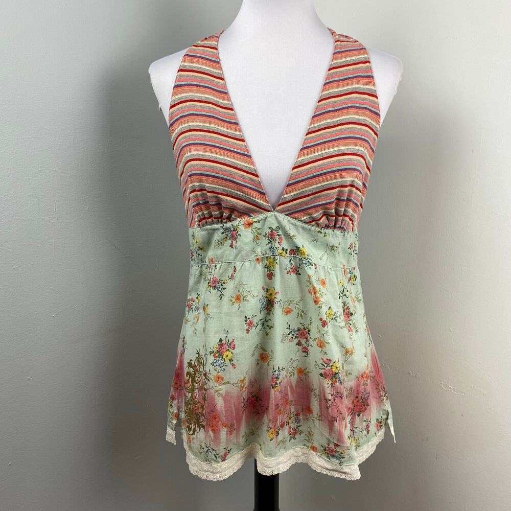 Muchacha Boho Floral Striped Backless Halter Top XL Spain
